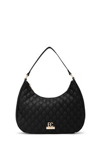 Borsa a tracolla nera trapuntata con una texture liscia. Presenta una targhetta con logo in tono oro e una tracolla curva. Scomparto principale con cerniera.