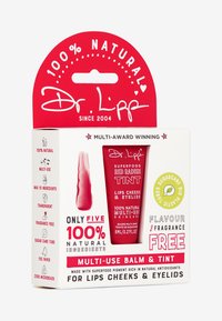 Red packaging featuring a tube of Dr. Lipp's Superfood Red Radish Tint. Text highlights 100% natural ingredients, multi-use for lips and cheeks.