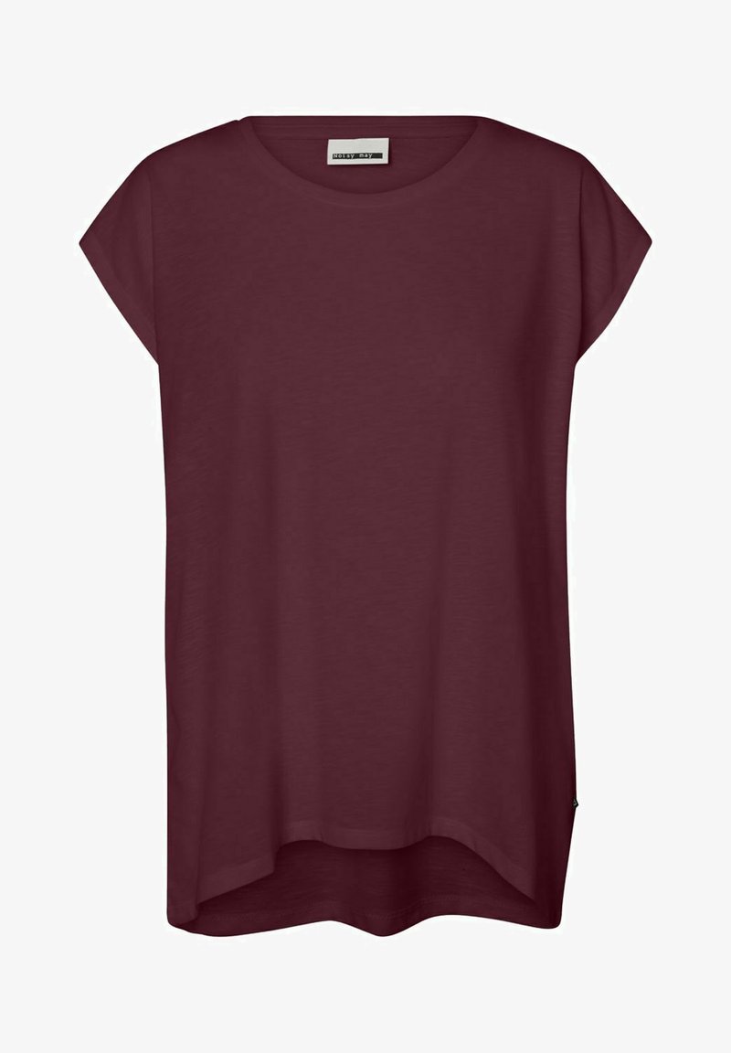 Bordeaux kort sleeved top met een relaxed fit, ronde halslijn en licht gebogen zoom. Gemaakt van zachte, gladde stof.