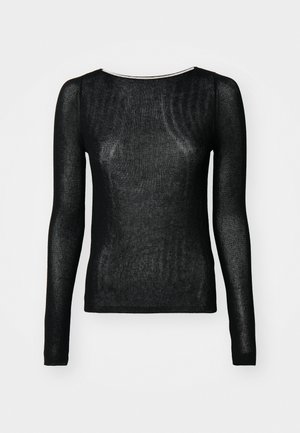 Musta pitkähihaisuus paita, joka on valmistettu läpikuultavasta, ribbikankaasta. Ominaisuuksiin kuuluu pyöreä pääntie ja vartalonmyötäinen muotoilu, jonka pinnassa on sileä rakenne ja minimaalinen yksityiskohtaisuus.