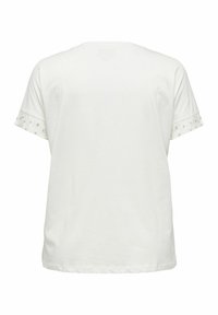 Hvid bomulds t-shirt med korte ærmer og dekorative perleaccenter langs manchetterne. Enkel, afslappet pasform med en rund halsudskæring.