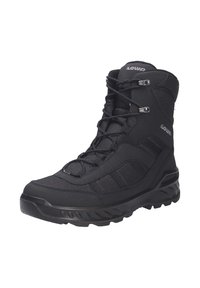 Stivale da trekking nero con un mix di materiali sintetici e rete, design alto, chiusura con lacci, punta rinforzata e suola con texture.