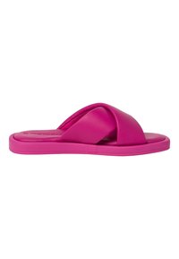 Sandale slide rose vif avec brides rembourrées croisées et semelle plate, vue de côté sur fond blanc.