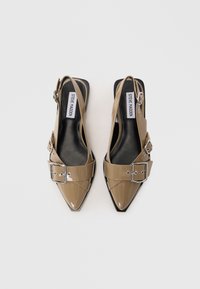 Pointed-toe slingback shoes in glossy taupe material with a wide strap featuring a silver buckle detail and a black inner lining.