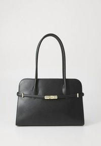 Black leather handbag with smooth texture, structured shape, double handles, and gold hardware accent on a central strap.