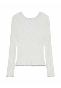 Bela majica z dolgimi rokavi in okroglim izrezom, teksturirano blago z geometričnim vzorcem in majhnimi barvitimi sequini po celotni površini.