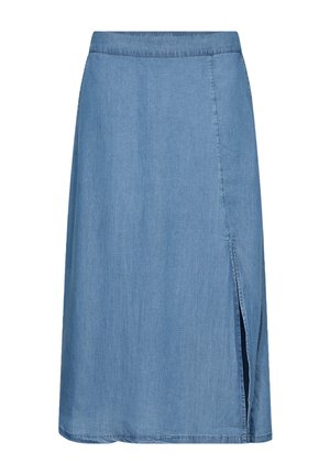 Leren denimrok in lichtblauw met een rechte snit, voorzien van een zijsplit en een elastische tailleband voor draaggemak. De textuur is glad en subtiel.