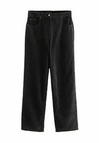 Pantalons larges en velours côtelé noir avec texture côtelée visible, cinq poches et fermeture à bouton en métal à la taille.