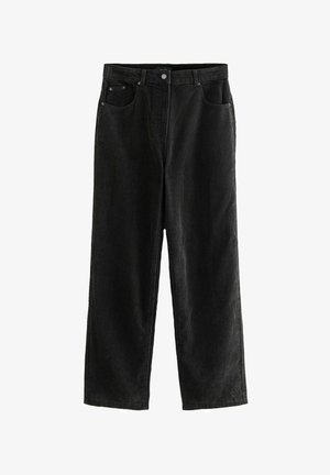 Pantaloni largi din catedră neagră, cu textură ribbed vizibilă, cinci buzunare și închidere cu un buton metalic la brâu.