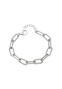 Braccialetto in argento con maglie attorcigliate e pezzi rettangolari allungati, dotato di chiusura a moschettone e catena di estensione regolabile.
