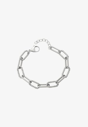 Ezüst lánc karkötő, csavart szemekkel és megnyúlt téglalap alakú elemekkel, homárkapoccsal és állítható láncbővítéssel.