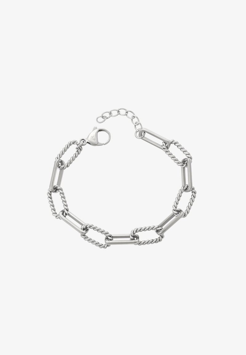 Braccialetto in argento con maglie attorcigliate e pezzi rettangolari allungati, dotato di chiusura a moschettone e catena di estensione regolabile.