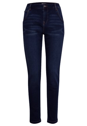 Mørkeblå denim jeans med slim fit, høj talje, fem lommer og kontrastsyede detaljer. Glat tekstur, ingen mønstre.