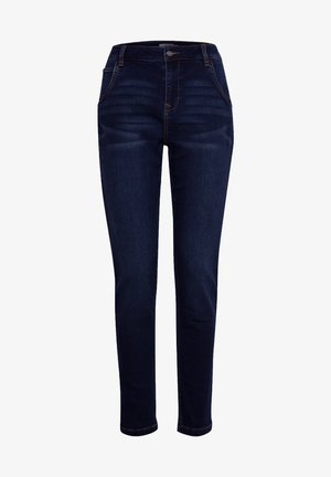 Mørkeblå denim jeans med slim fit, høj talje, fem lommer og kontrastsyede detaljer. Glat tekstur, ingen mønstre.