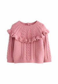 Pulover roz din tricot, cu un design din tricotaje în formă de cablu și accente volănașe în jurul gâtului. Prezintă un decolteu rotund și manșete și tiv cu dantelă.