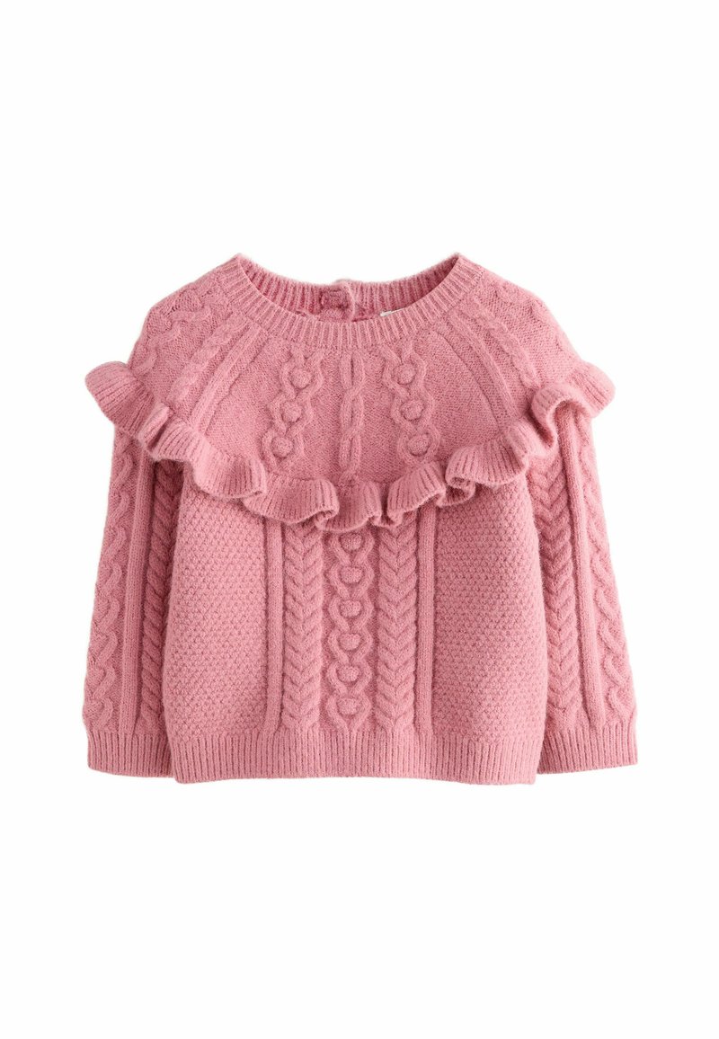 Pulover roz din tricot, cu un design din tricotaje în formă de cablu și accente volănașe în jurul gâtului. Prezintă un decolteu rotund și manșete și tiv cu dantelă.