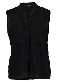 Blusa nera senza maniche realizzata in tessuto leggero, caratterizzata da un collo a V, chiusura frontale con bottoni e due tasche sul petto. Texture liscia.