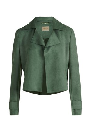 Veste en daim vert avec un large col, design court et manches longues. Présente des lignes épurées et une fermeture à pression à l'avant.