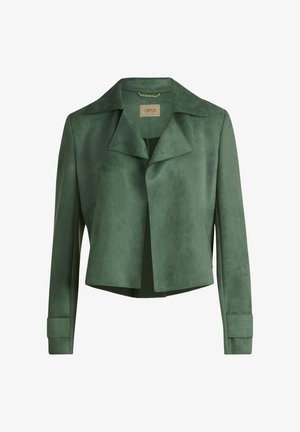 Grøn suedetjakke med bred krave, cropped design og lange ærmer. Har rene linjer og knaplukning foran.