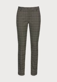 Pantalones de cuadros grises con un corte a medida, que presentan una trama suave, una textura sutil y un diseño de pierna estrecha.
