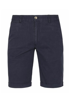 Donkerblauwe herenshorts met riemlussen, voorsluiting met knoop, rits, steekzakken en opgerolde zoom.