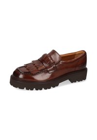 Mocassino in pelle marrone con dettaglio frangi, suola nera spessa e antiscivolo, e design slip-on.
