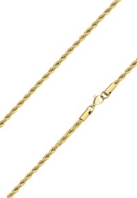 Arany, csavart láncnyaklánc, amely csattal rendelkezik. A lánc sima, fényes felülettel rendelkezik, fonott szálakkal és egységes mintázattal.