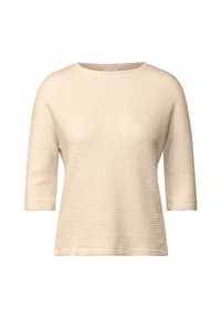 Beige strukturierter Knit-Top mit rundem Ausschnitt und kurzen Ärmeln, mit lässiger Passform und einem dezenten Waffelmuster im gesamten Design.