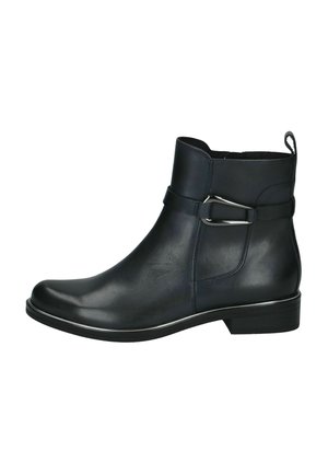 Bottine en cuir noir avec détail de boucle sur le côté, petit talon et languette à l'arrière, présentée sur fond blanc.