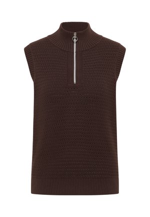 Ärmellose, dunkelbraune Strickweste mit hohem, geripptem Kragen und silbernem Frontreißverschluss mit Ringgriff.