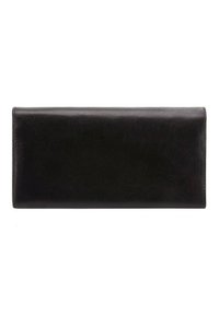 Portefeuille en cuir noir qui présente une forme rectangulaire, une texture lisse et un design minimaliste sans matériel ou motifs visibles.