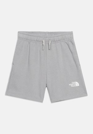 Helehallid vabaaja lühikesed püksid elastse vöökohaga, paelaga, küljetaskutega ja valge The North Face logo paremal eesmisel säärel.