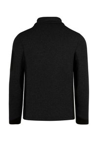 Schwarze Fleecejacke mit hohem Kragen, langen Ärmeln und strukturiertem Stoff. Verfügt über Akzentpaneele an den Schultern und den Seiten.