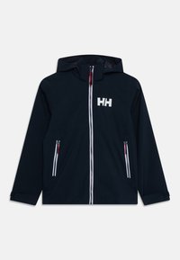 Chaqueta de marina con capucha, herrajes blancos y dos bolsillos con cremallera. Presenta un logo blanco prominente en el pecho y puños ajustables.