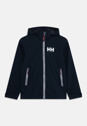 Chaqueta de marina con capucha, herrajes blancos y dos bolsillos con cremallera. Presenta un logo blanco prominente en el pecho y puños ajustables.