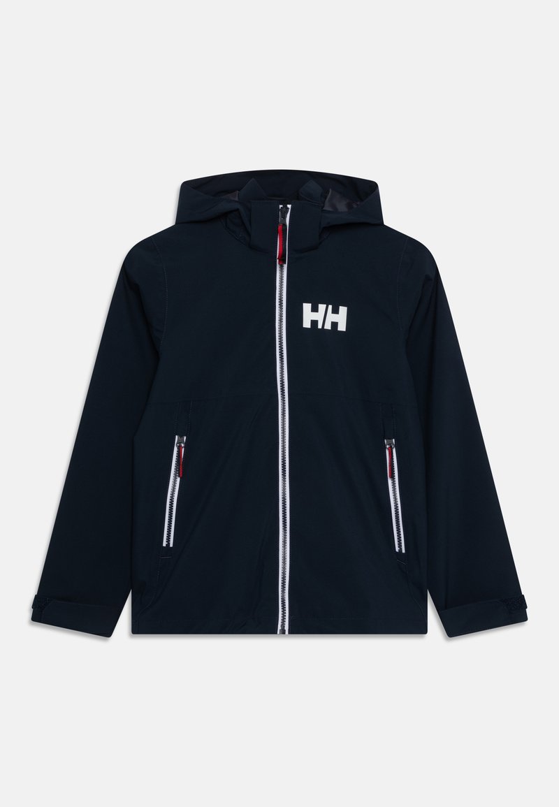 Chaqueta de marina con capucha, herrajes blancos y dos bolsillos con cremallera. Presenta un logo blanco prominente en el pecho y puños ajustables.