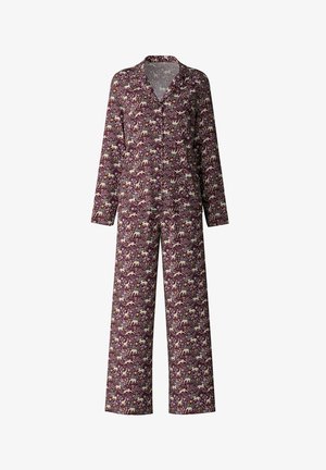 Lange mouwen pyjama set in diep paars, voorzien van een speels dierenprint. Gemaakt van zachte stof, met een kraag en een ontspannen pasvorm.