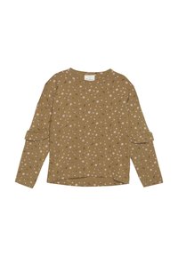 Langarmshirt in mosterdkleur met kleine roze en witte bloemenpatronen, voorzien van een ronde hals en geschulpte accenten op de mouwen.