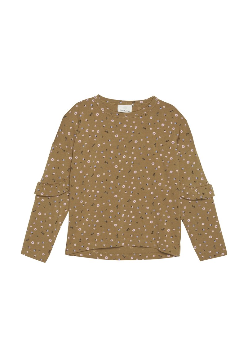 Langarmshirt in mosterdkleur met kleine roze en witte bloemenpatronen, voorzien van een ronde hals en geschulpte accenten op de mouwen.