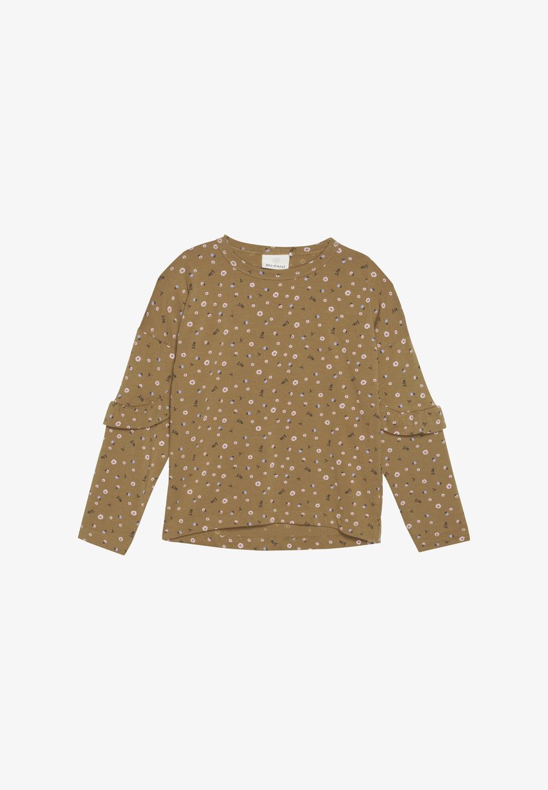 Langarmshirt in mosterdkleur met kleine roze en witte bloemenpatronen, voorzien van een ronde hals en geschulpte accenten op de mouwen.