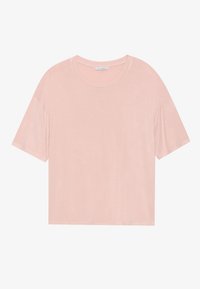 T-shirt a maniche corte, dal taglio morbido, di colore rosa chiaro, realizzato in tessuto morbido. Presenta un collo rotondo e un orlo dritto senza decorazioni.