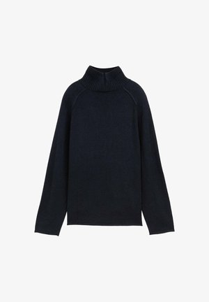 Black turtleneck sweater featuring a ribbed collar, long sleeves, and a relaxed fit made from soft knit material.