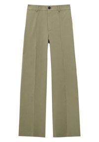 Khaki wijde broek met een gladde textuur, voorzien van voorzakken, een rits en een enkele knoopsluiting.