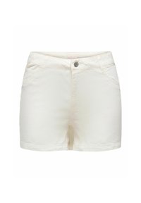 Pantalones cortos de mezclilla blanca con una textura suave, que cuentan con un cierre frontal de botón, presillas para cinturón y dos bolsillos laterales. Diseño sencillo y clásico.
