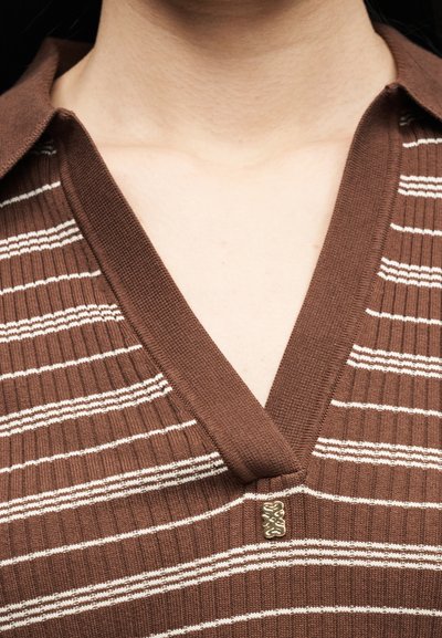 Gros plan sur la poitrine d'une personne portant un haut en maille côtelée marron avec des rayures horizontales blanches et un col en V orné d'une petite épingle métallique décorative.