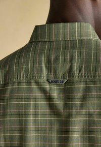 Chemise à carreaux verts avec de fines rayures roses et bleues ; dotée d'un col pointu et d'une petite étiquette de marque à l'arrière.