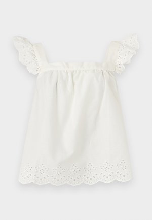 Hvid ærmeløs top med øjekantblonde-ruffle stropper og bølget kant med blomstret udskåret broderi.