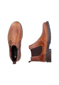 Brown leather ankle boots with elastic side panels, curved design, stitched accents, rubber soles, and pull tabs for easy wear.