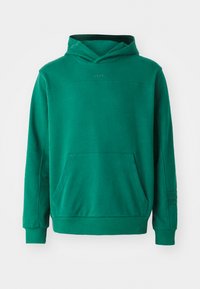 Green hoodie made of soft fabric, featuring a kangaroo pocket, adjustable hood, and ribbed cuffs. Simple design with minimal branding.