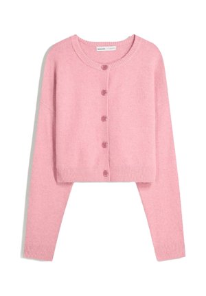 Cardigan court rose en matériau doux. Caractéristiques : col rond, fermeture à boutons à l'avant et poignets côtelés. Texture lisse sans motifs visibles.